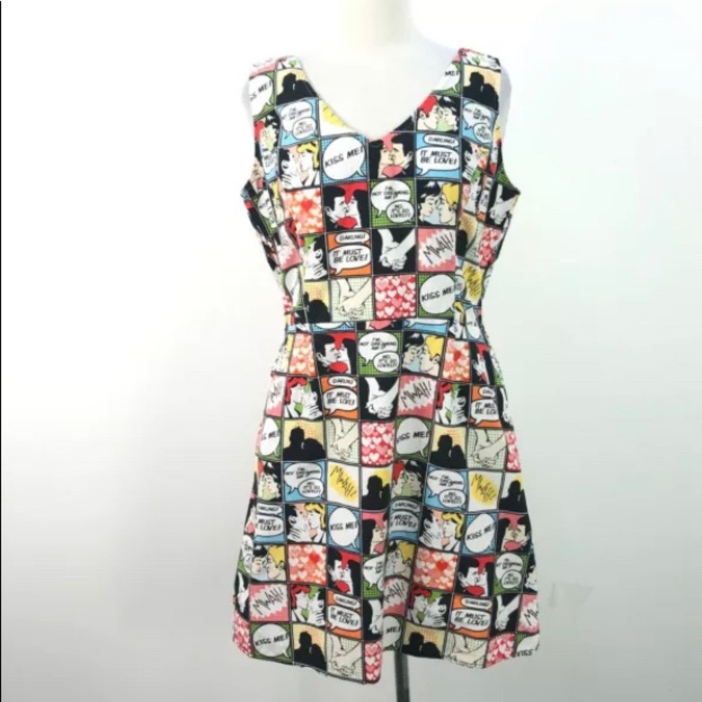 Vintage Comic Print Mini Dress in Black, Red, Yellow, Blue